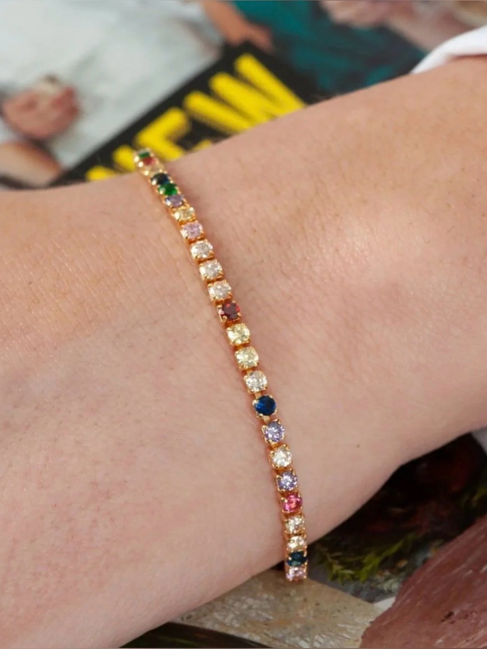 NEW! 18k Gold Plated Multicolor Gemstone Tennis Bracelet -  Rainbow Sparkle